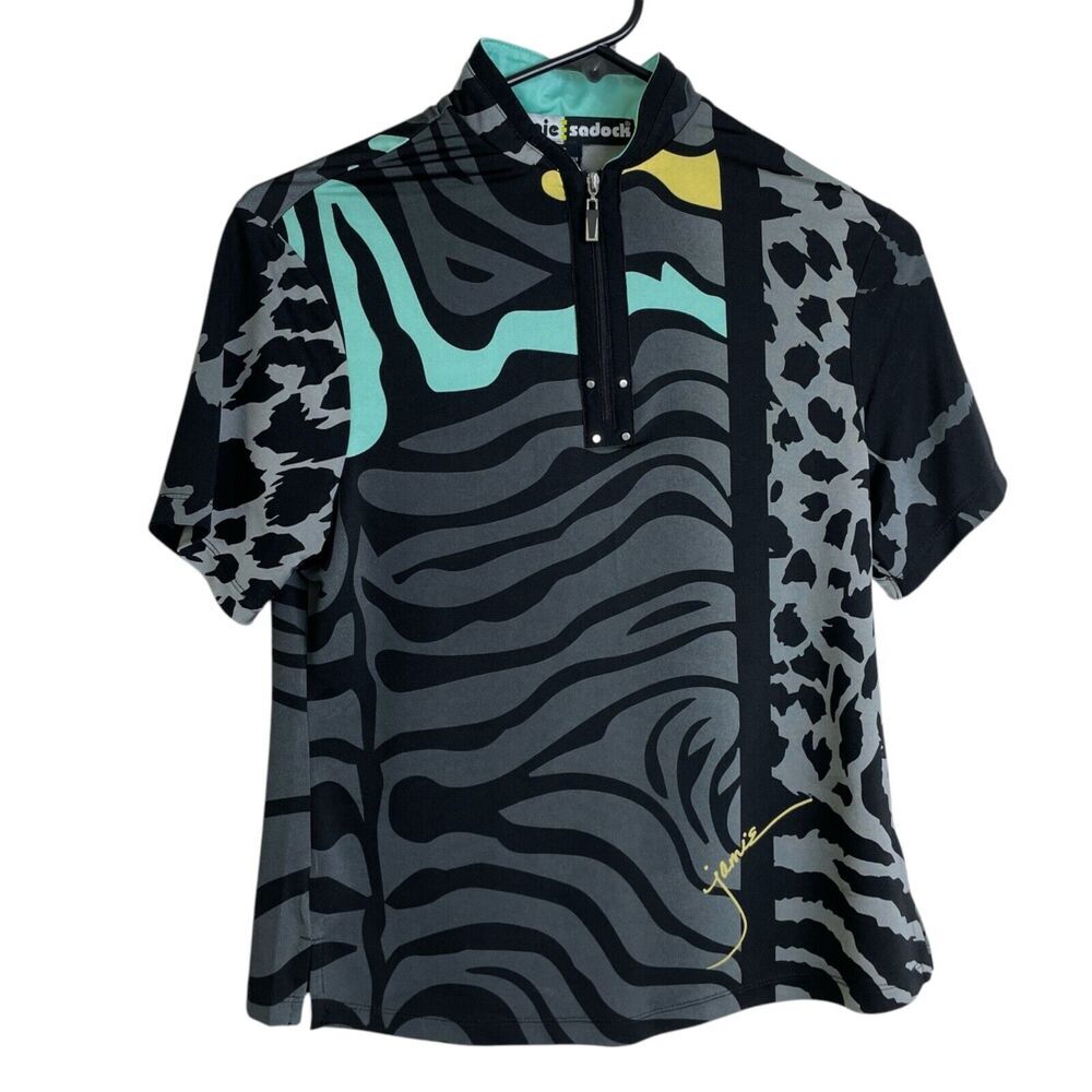 Jamie Sadock Womens XS Short Sleeve Top Grey Animal Print Green Signed 1/4 Zip
